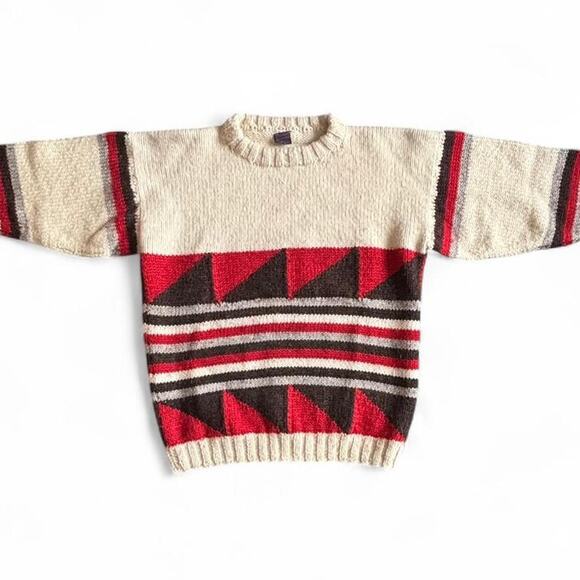Southern Garments vintage handmade knit sweater geometric cream red brown - Picture 2 of 7